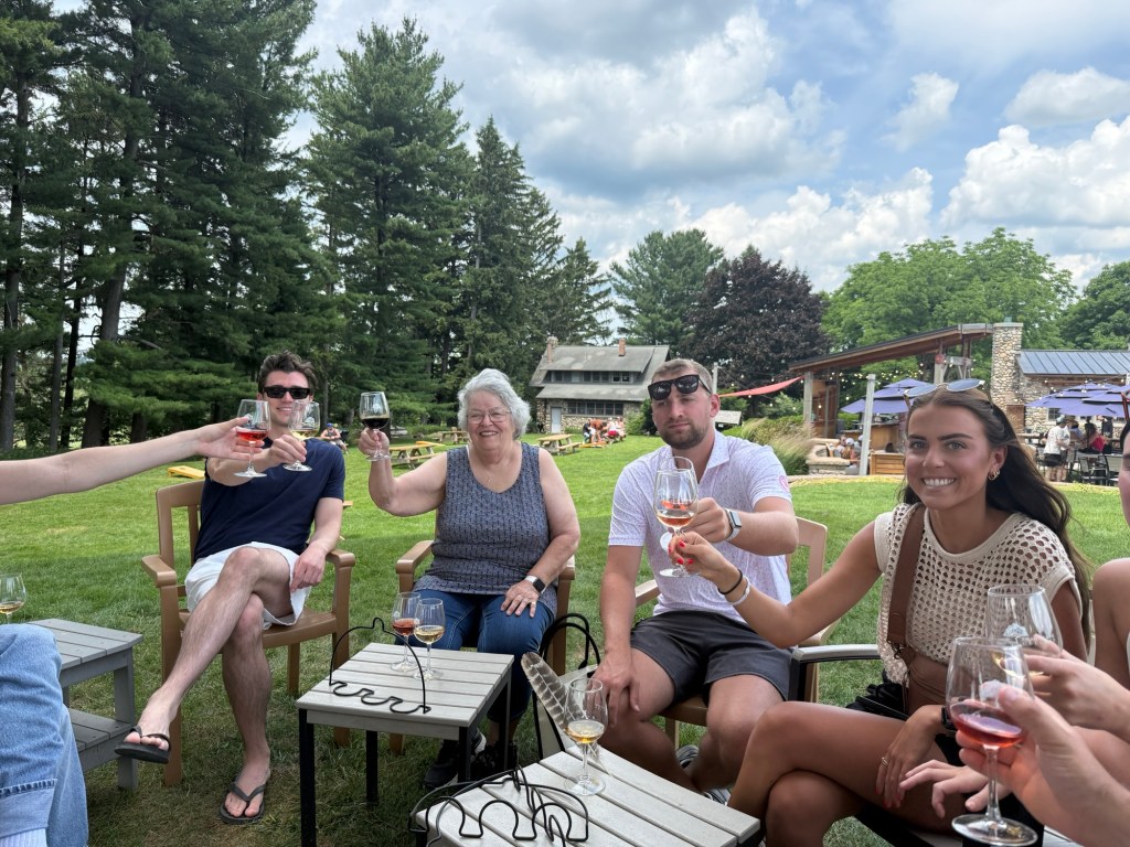 Group of friends and family sitting outdoors at a vineyard, raising glasses in a toast, with green trees and a rustic building in the background.