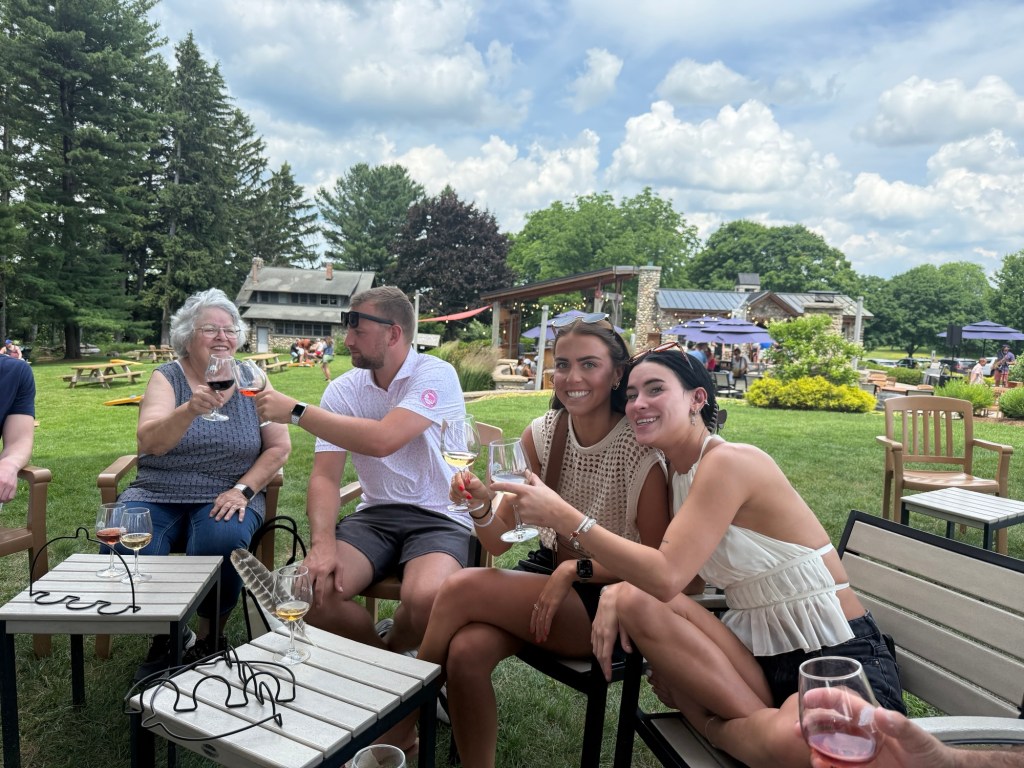 A group of four people enjoying drinks outdoors, with a mix of glasses on a table in front of them. They are seated on chairs in a grassy area, with trees and a building in the background.