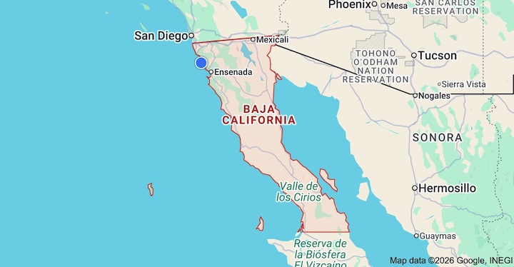 Map showing the region of Baja California, Mexico, highlighting locations such as San Diego and Ensenada.
